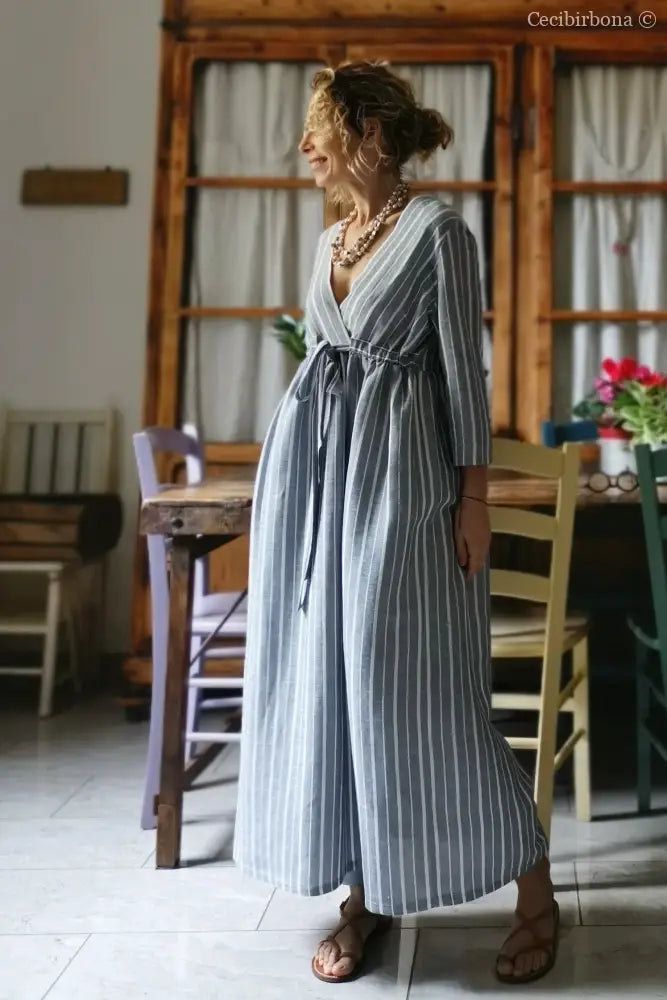 Abito estivo con maniche in lino grigio rigato (Ref. 110) abito donna