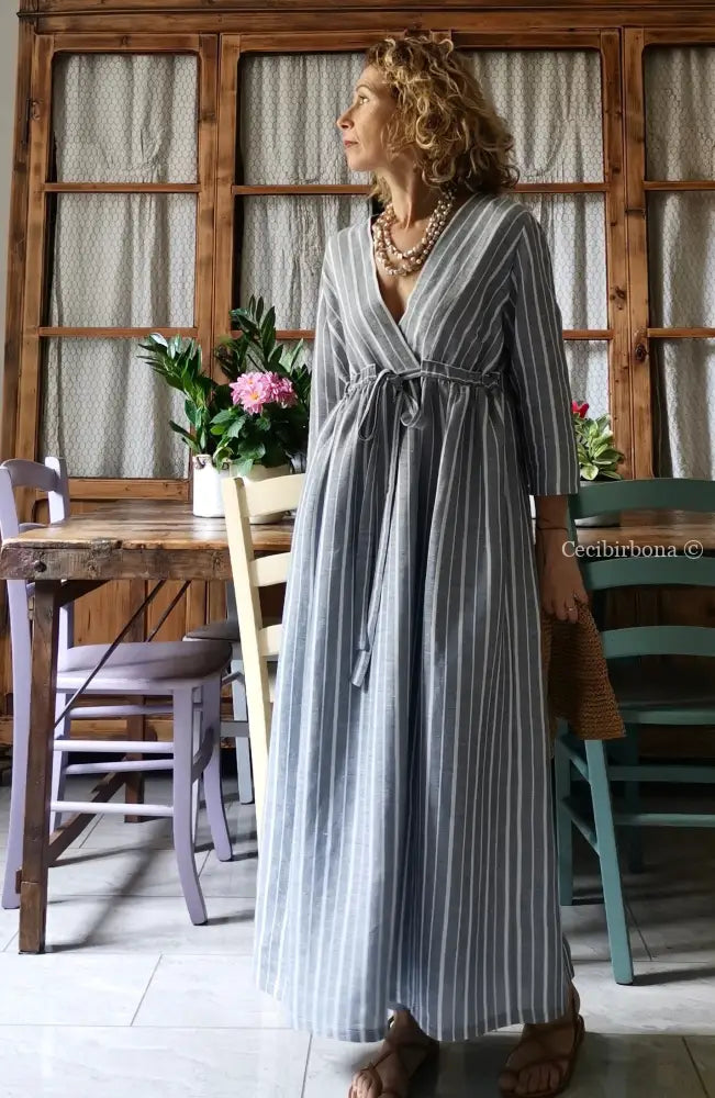 Abito estivo con maniche in lino grigio rigato (Ref. 110) abito donna