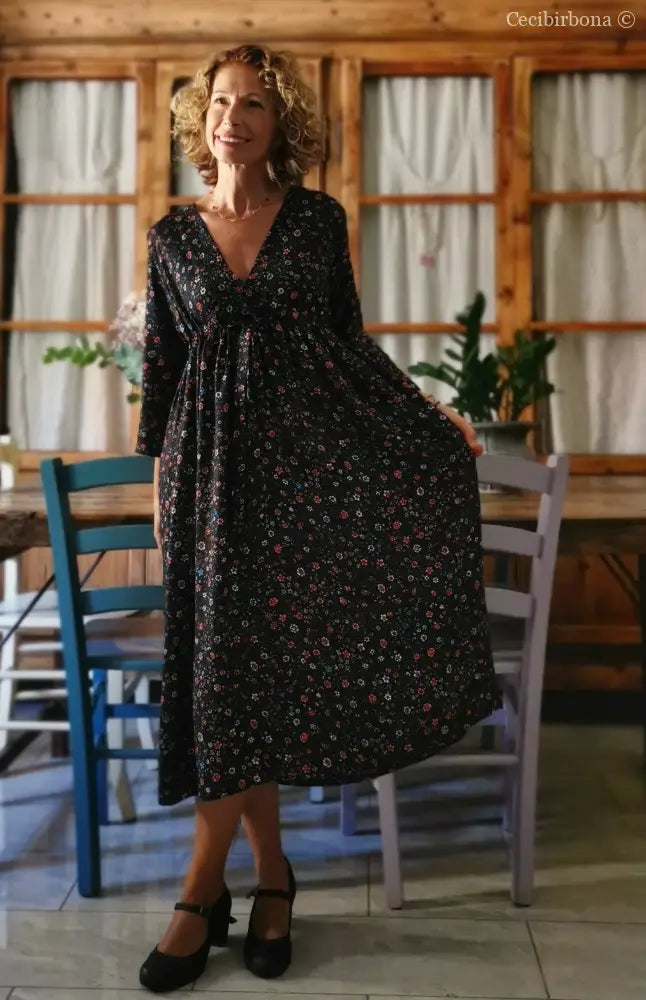 Abito in viscosa nera a fiori con fiocco (Ref. 98) abito donna