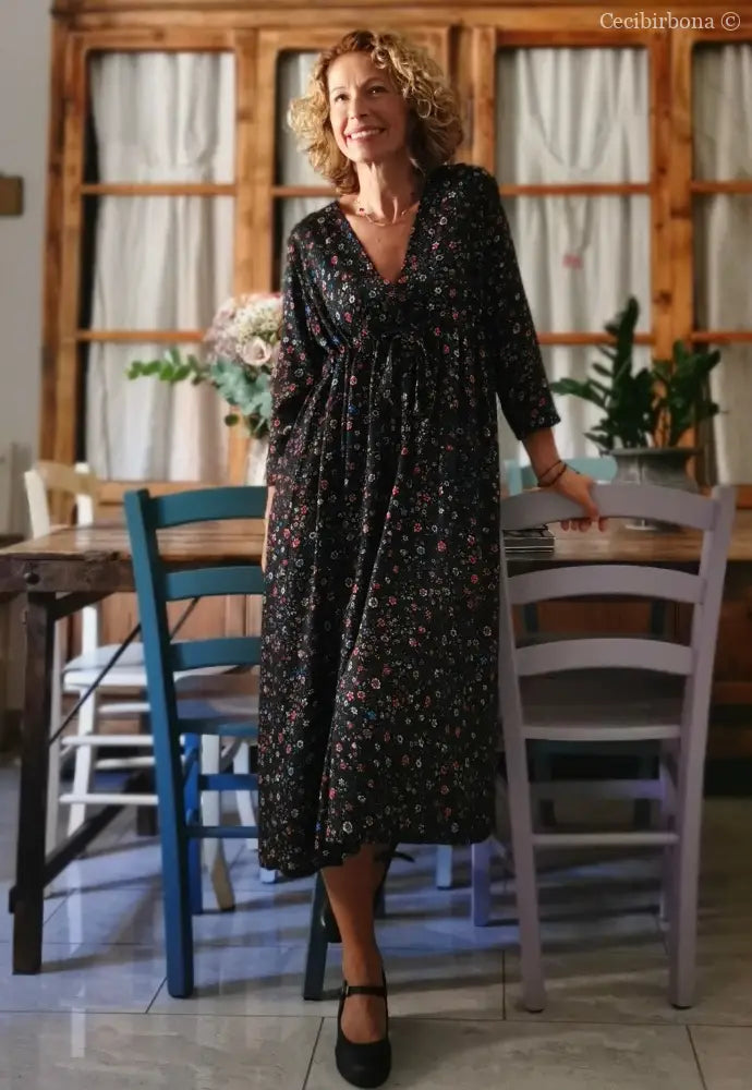 Abito in viscosa nera a fiori con fiocco (Ref. 98) abito donna