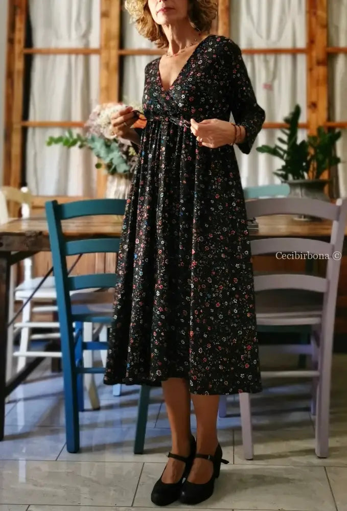 Abito in viscosa nera a fiori con fiocco (Ref. 98) abito donna