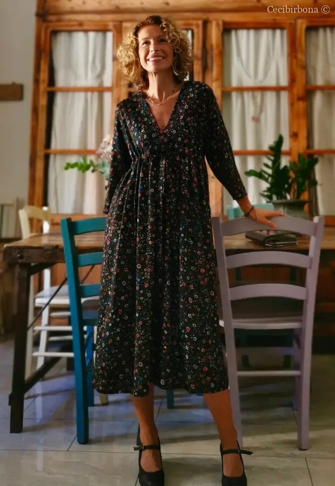 Abito in viscosa nera a fiori con fiocco (Ref. 98) abito donna