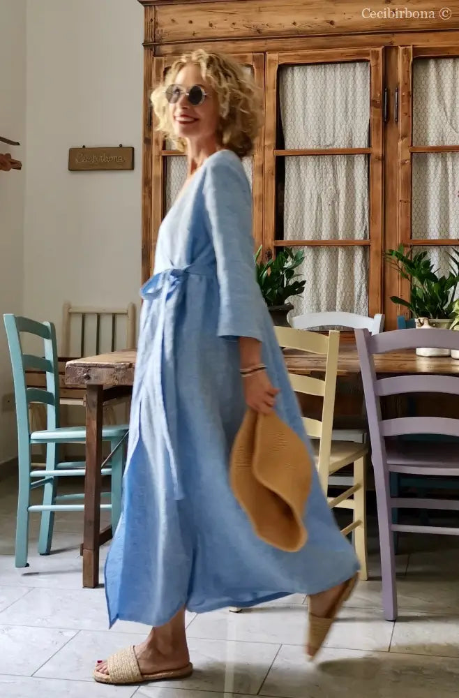 Abito incrociato in lino celeste (Ref. 310) abito donna