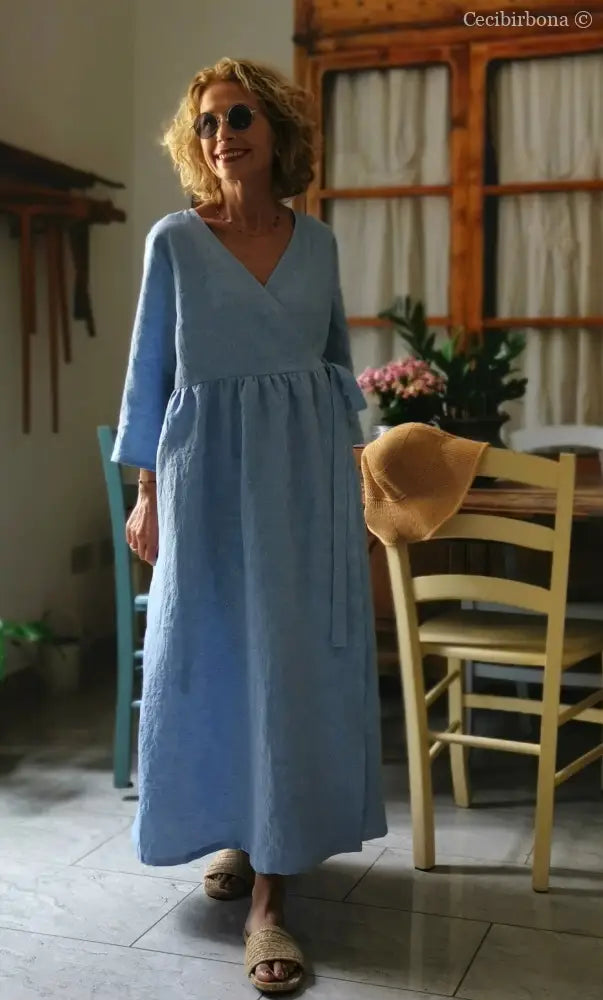 Abito incrociato in lino celeste (Ref. 310) abito donna