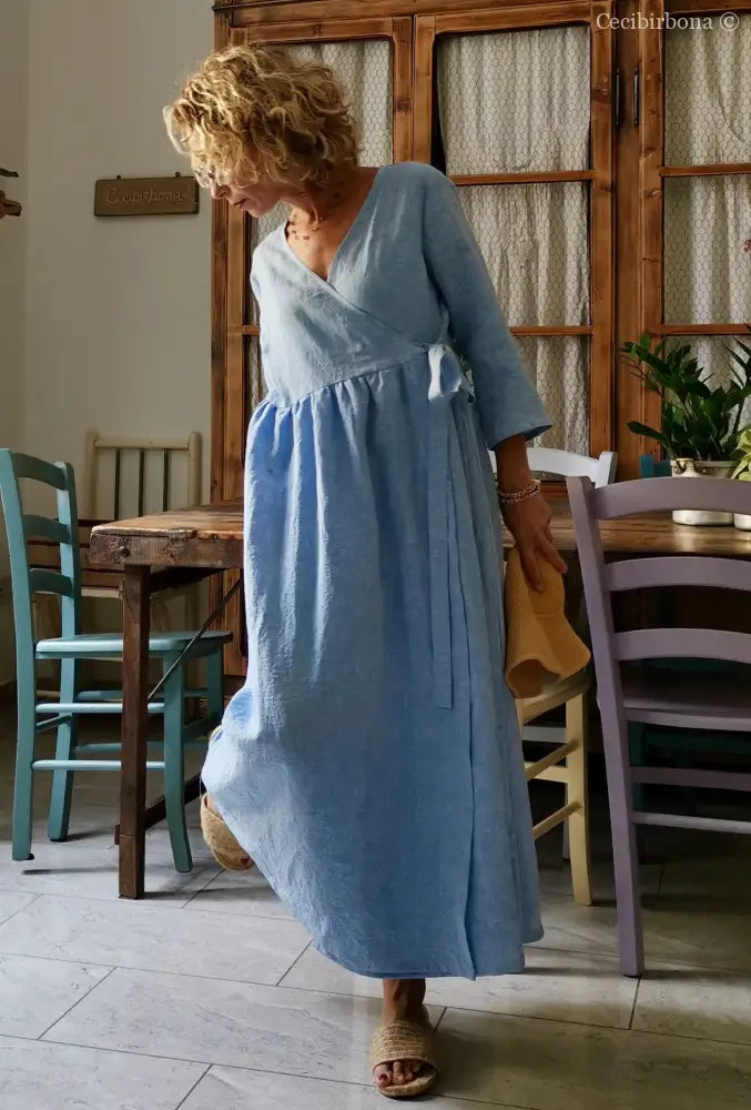 Abito incrociato in lino celeste (Ref. 310) abito donna