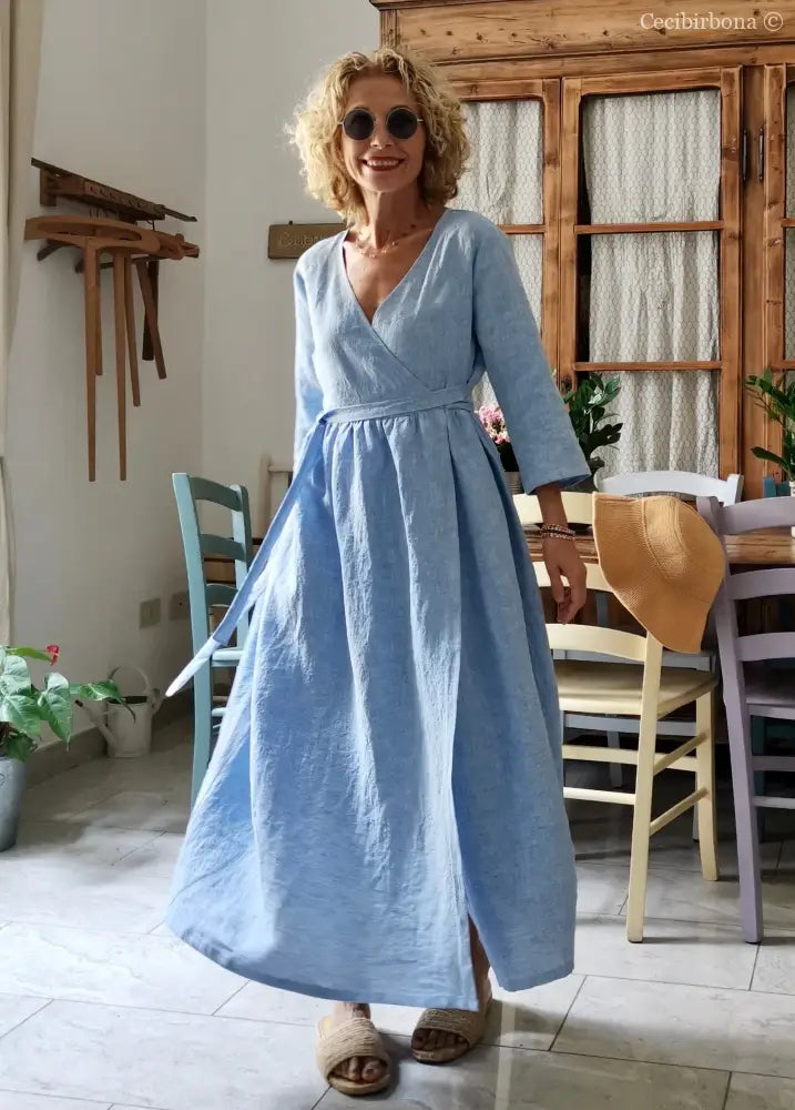 Abito incrociato in lino celeste (Ref. 310) abito donna