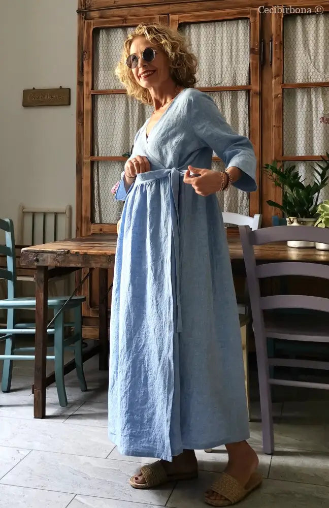 Abito incrociato in lino celeste (Ref. 310) abito donna