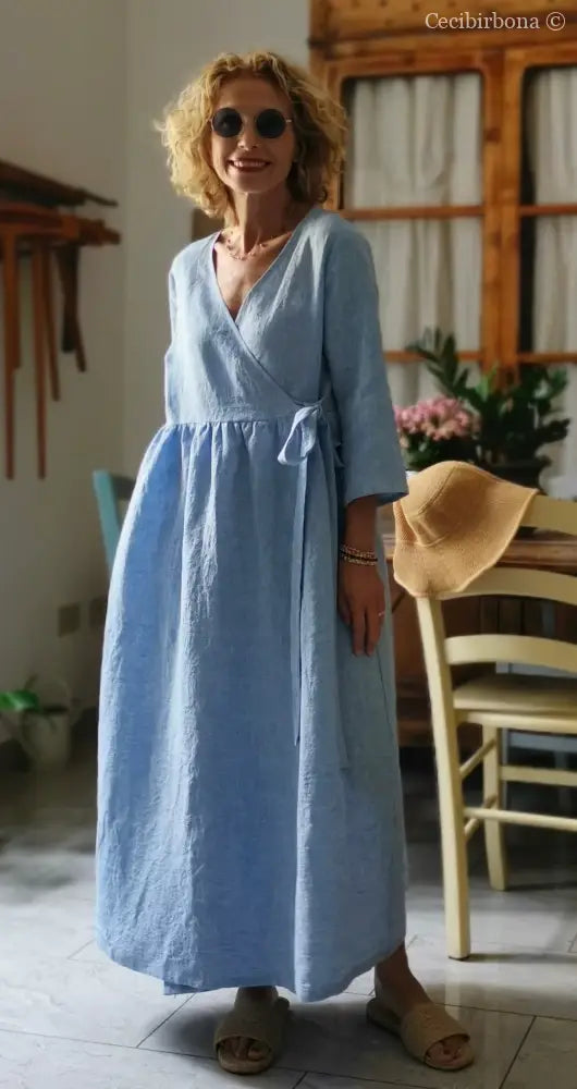 Abito incrociato in lino celeste (Ref. 310) abito donna