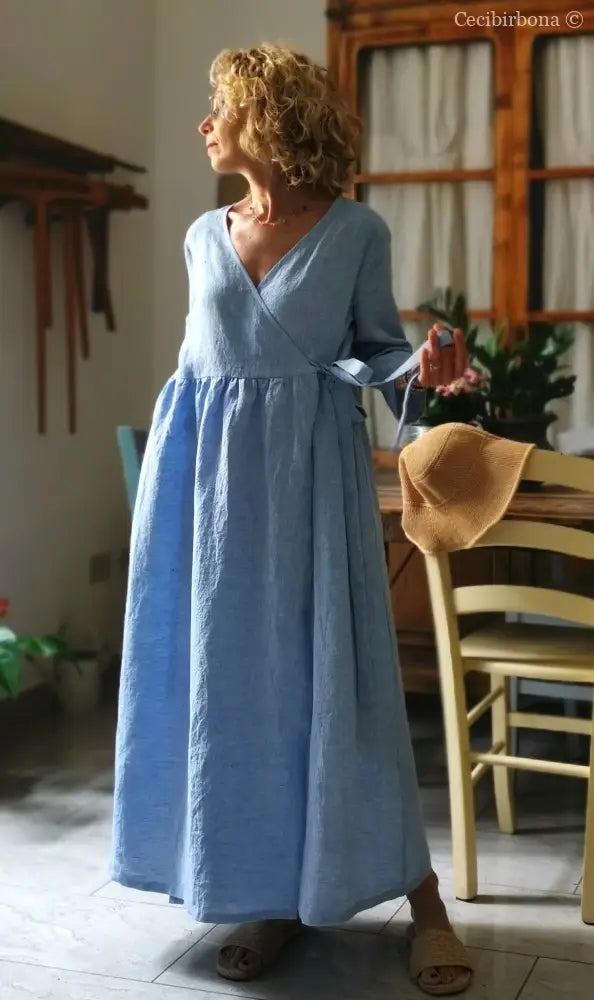 Abito incrociato in lino celeste (Ref. 310) abito donna