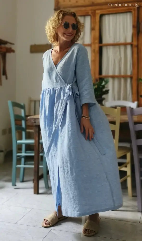 Abito incrociato in lino celeste (Ref. 310) abito donna