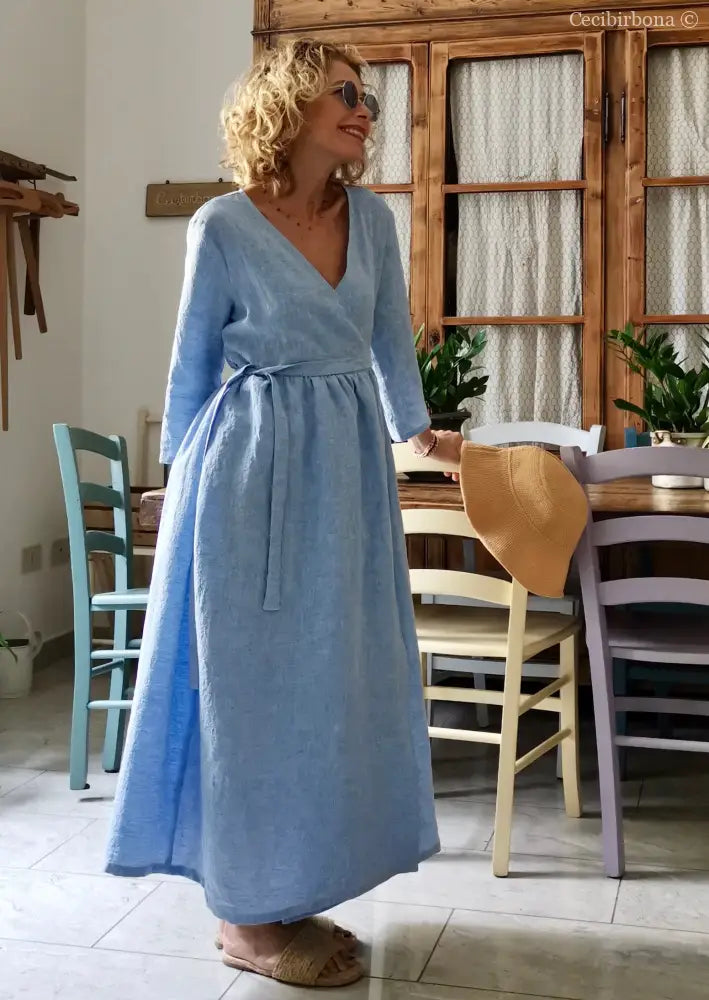 Abito incrociato in lino celeste (Ref. 310) abito donna
