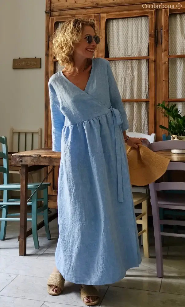 Abito incrociato in lino celeste (Ref. 310) abito donna