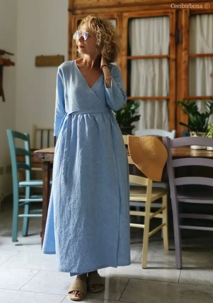 Abito incrociato in lino celeste (Ref. 310) abito donna