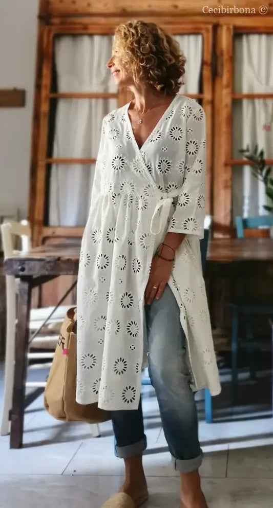 Abito incrociato in sangallo di cotone con maniche (Ref. 114) abito donna