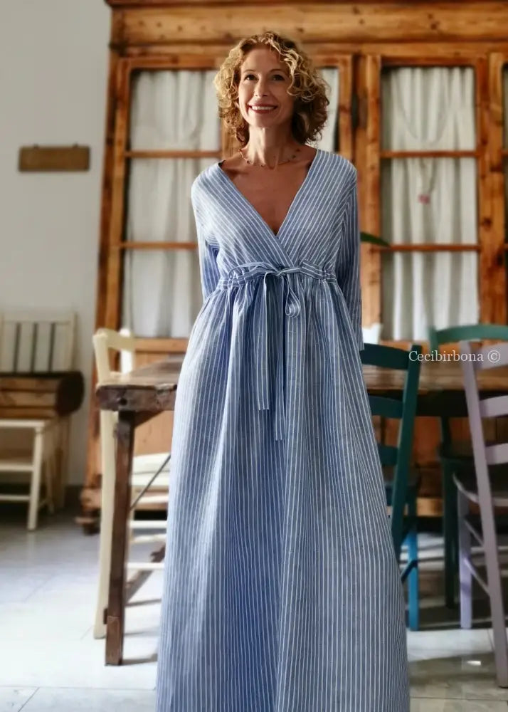 Abito lungo con maniche in lino azzurro a righe panna (Ref. 124) 46 abito donna