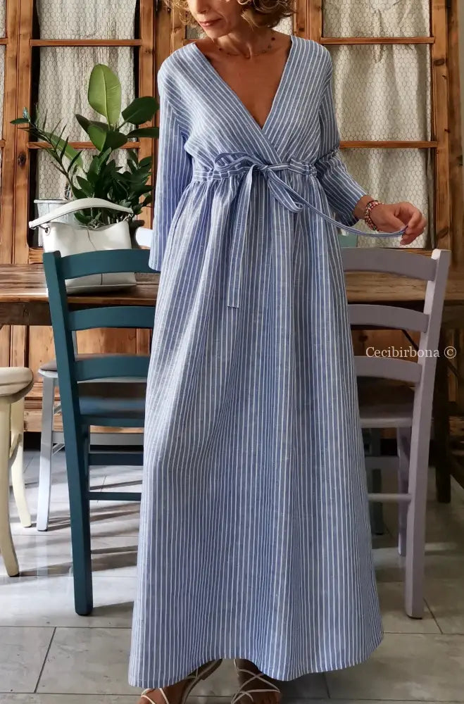 Abito lungo con maniche in lino azzurro a righe panna (Ref. 124) 46 abito donna