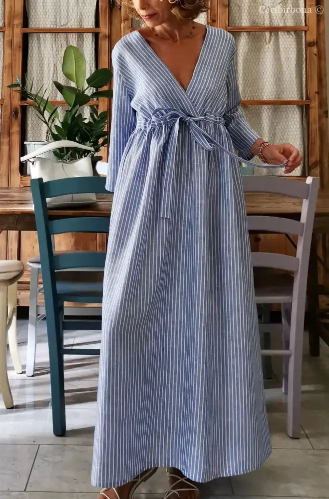 Abito lungo con maniche in lino azzurro a righe panna (Ref. 124) 46 abito donna