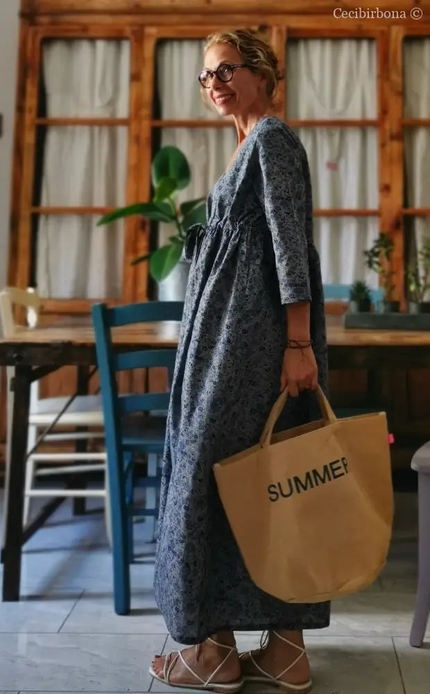 Abito lungo impero in lino a fiori blu (Ref. 117) abbigliamento