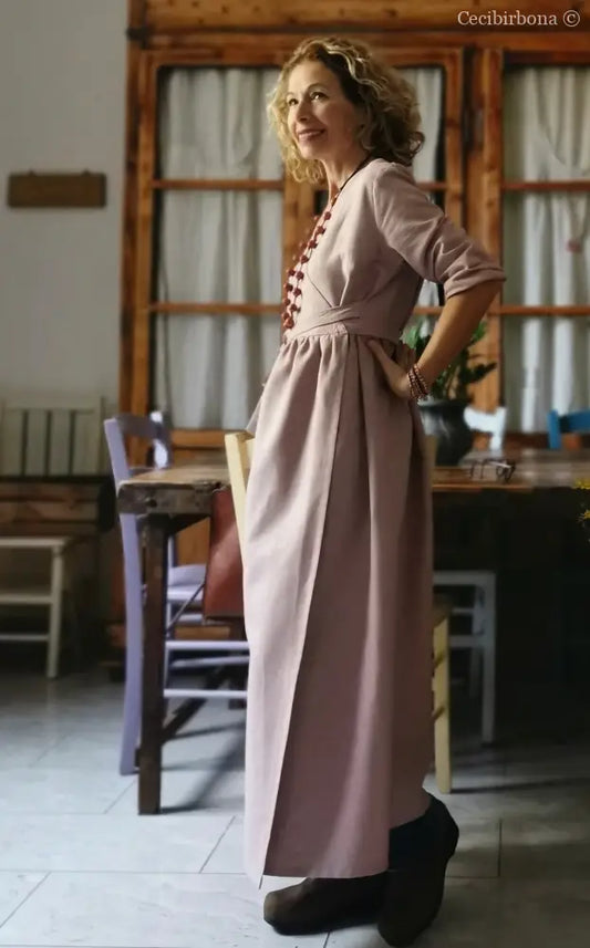 Abito lungo incrociato in lino rosa antico (Ref. 139) abito donna