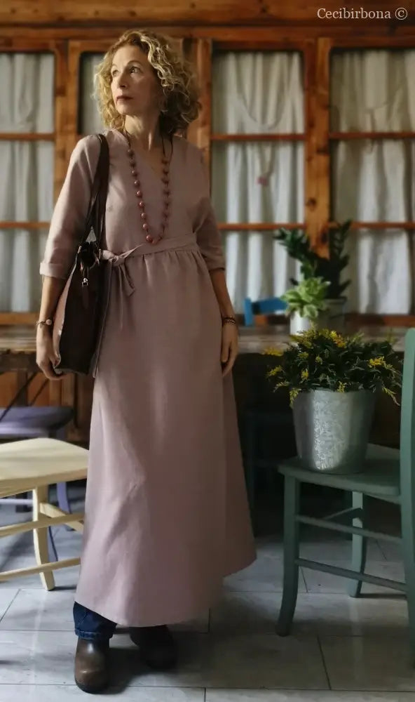 Abito lungo incrociato in lino rosa antico (Ref. 139) abito donna