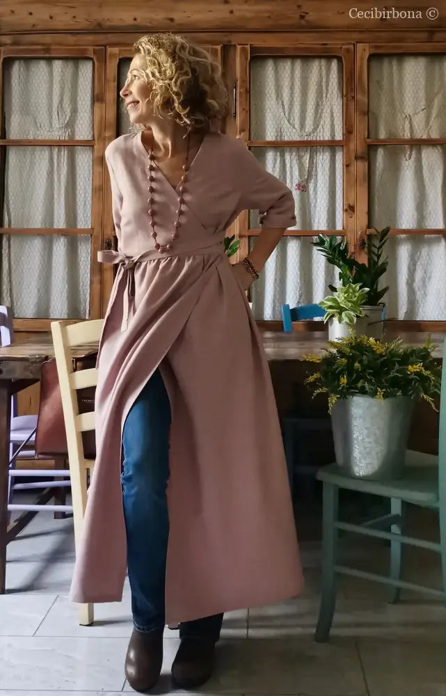 Abito lungo incrociato in lino rosa antico (Ref. 139) abito donna