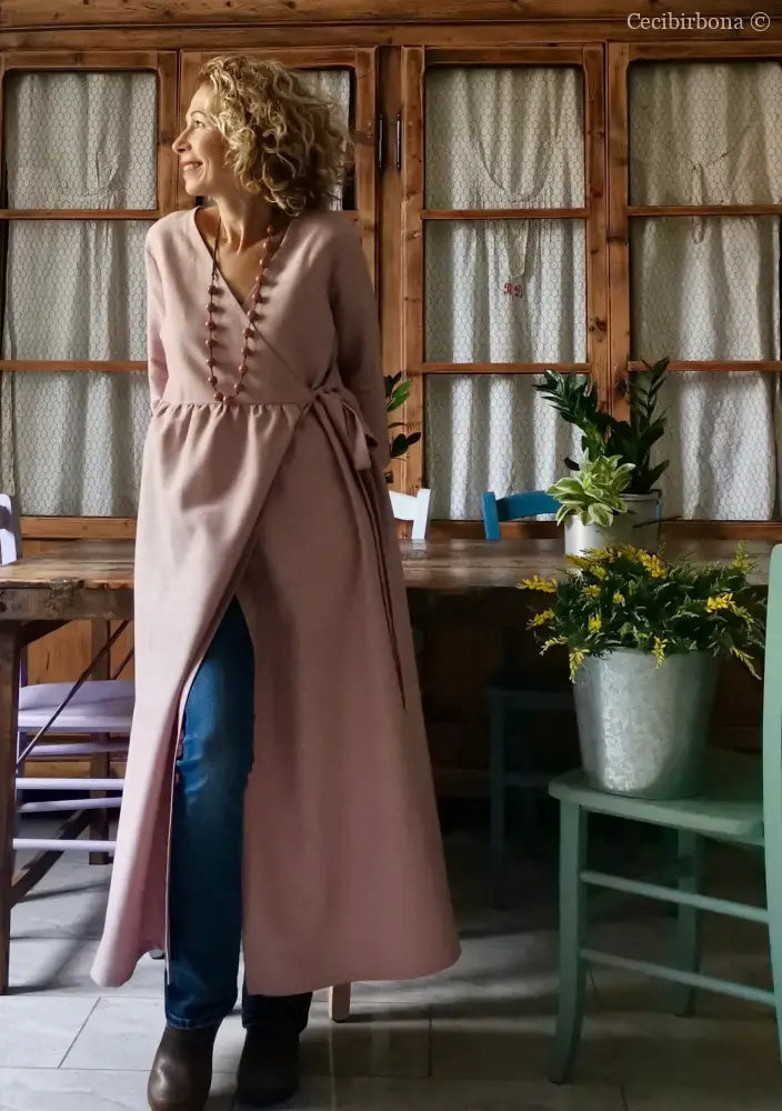 Abito lungo incrociato in lino rosa antico (Ref. 139) abito donna