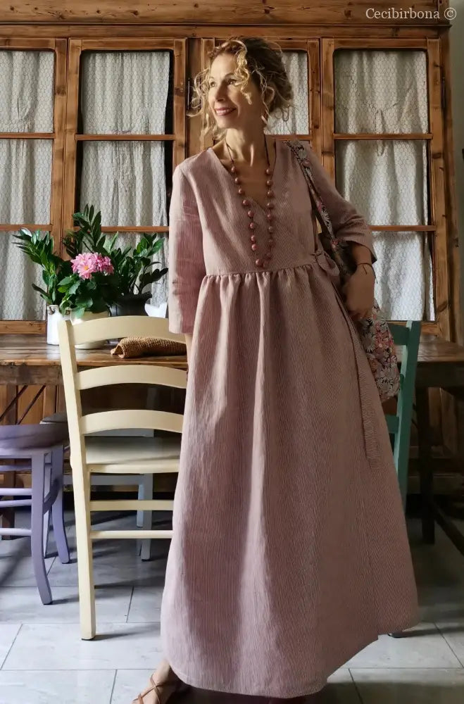 Abito lungo incrociato in lino rosa rigato Media (Ref. 111) abito donna