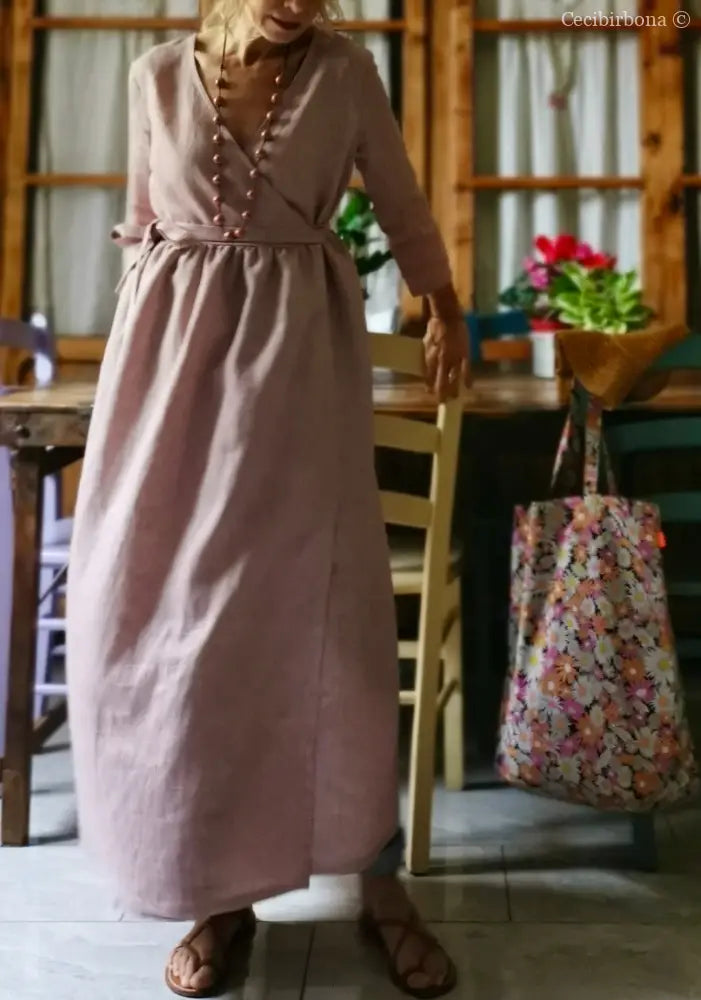 Abito lungo incrociato in lino rosa rigato Media (Ref. 111) abito donna