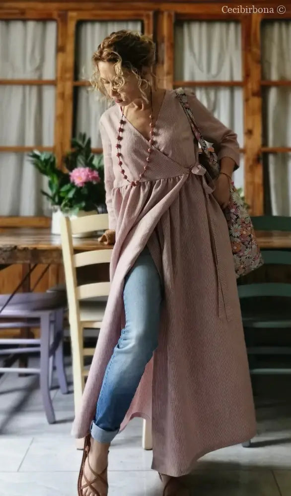 Abito lungo incrociato in lino rosa rigato Media (Ref. 111) abito donna