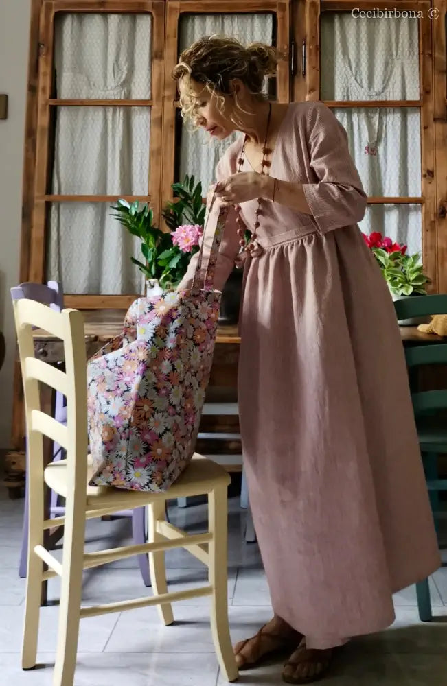 Abito lungo incrociato in lino rosa rigato Media (Ref. 111) abito donna