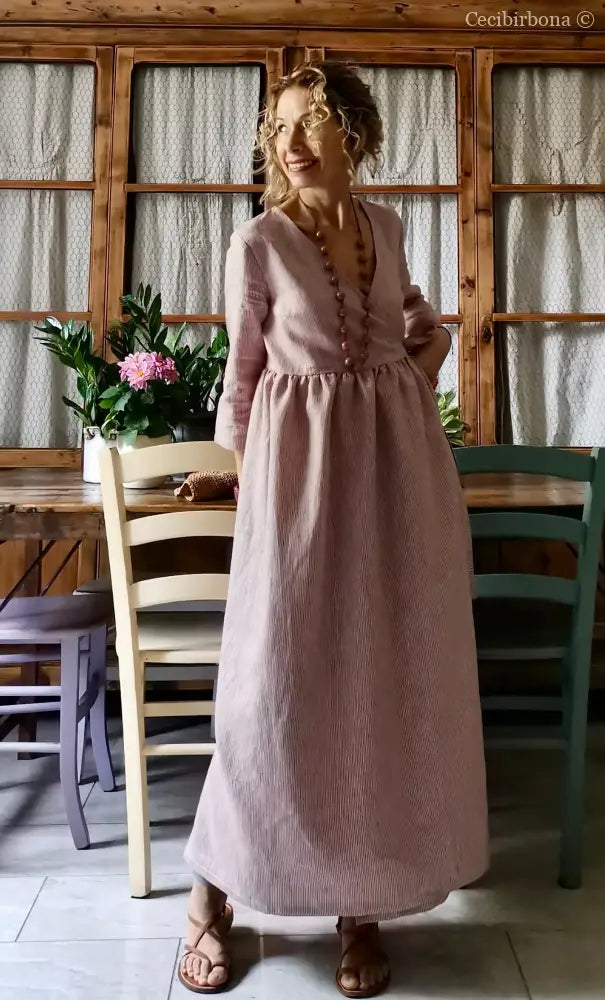 Abito lungo incrociato in lino rosa rigato Media (Ref. 111) abito donna