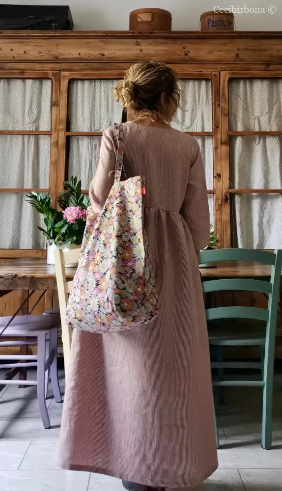 Abito lungo incrociato in lino rosa rigato Media (Ref. 111) abito donna