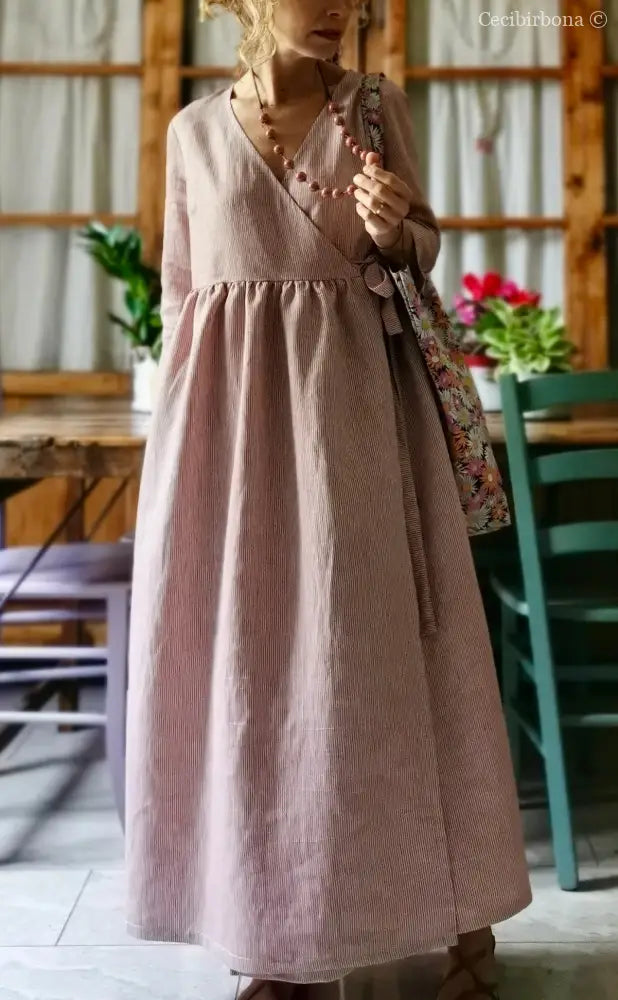 Abito lungo incrociato in lino rosa rigato Media (Ref. 111) abito donna