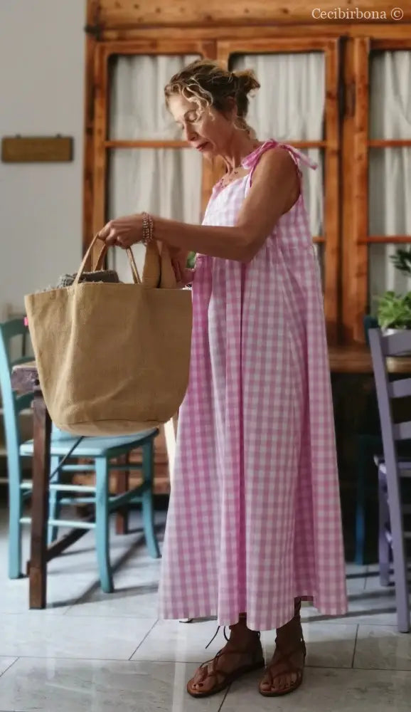 Abito prendisole in cotone a quadretti rosa (Ref. 190) abbigliamento