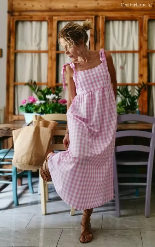 Abito prendisole in cotone a quadretti rosa (Ref. 190) abbigliamento