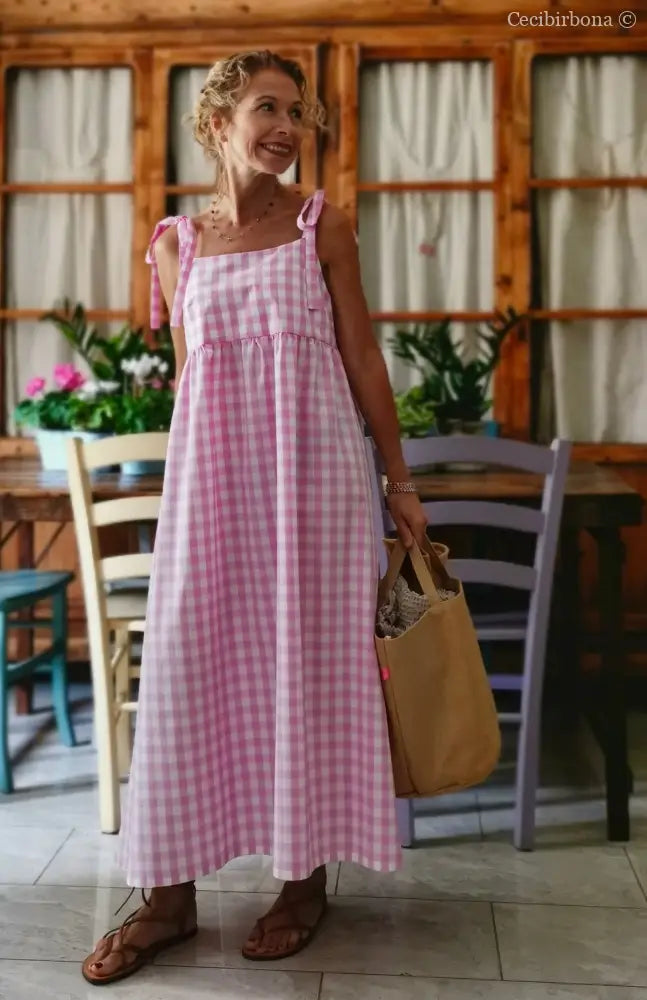 Abito prendisole in cotone a quadretti rosa (Ref. 190) abbigliamento