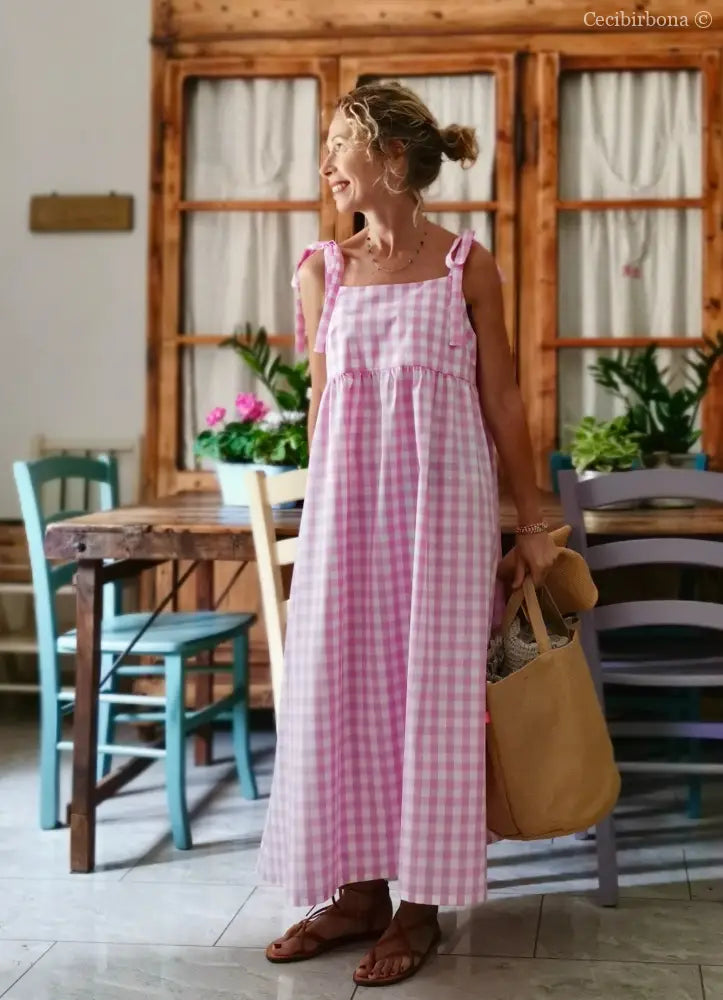 Abito prendisole in cotone a quadretti rosa (Ref. 190) abbigliamento