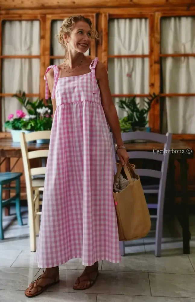 Abito prendisole in cotone a quadretti rosa (Ref. 190) abbigliamento