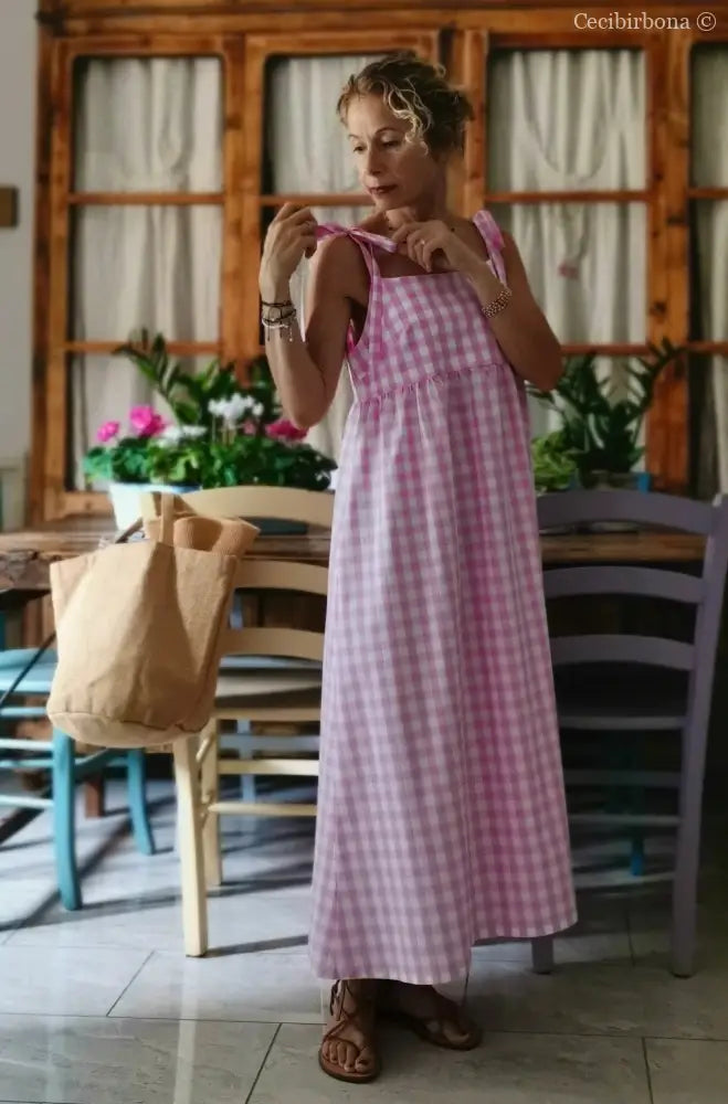 Abito prendisole in cotone a quadretti rosa (Ref. 190) abbigliamento