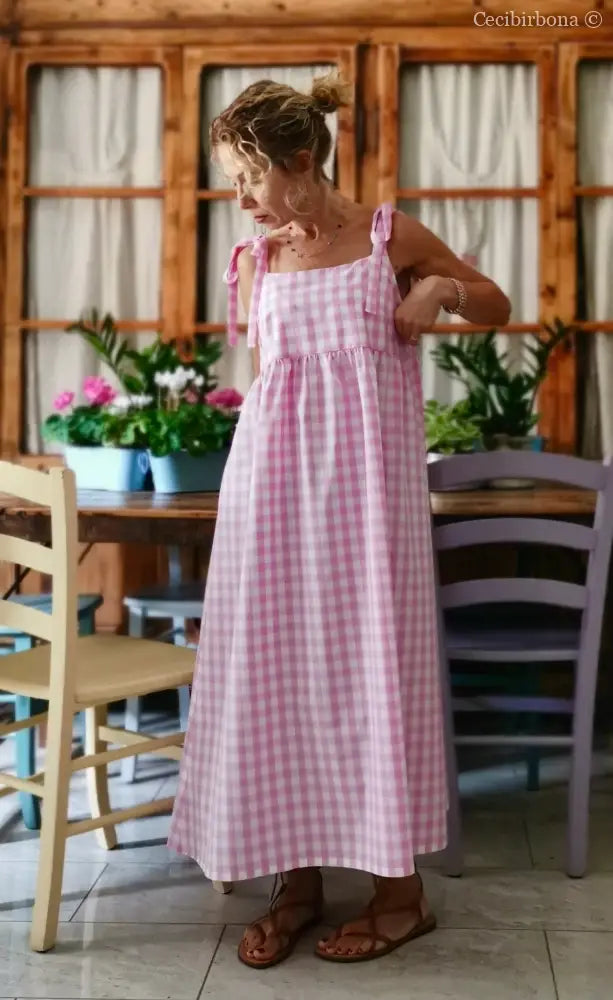 Abito prendisole in cotone a quadretti rosa (Ref. 190) abbigliamento