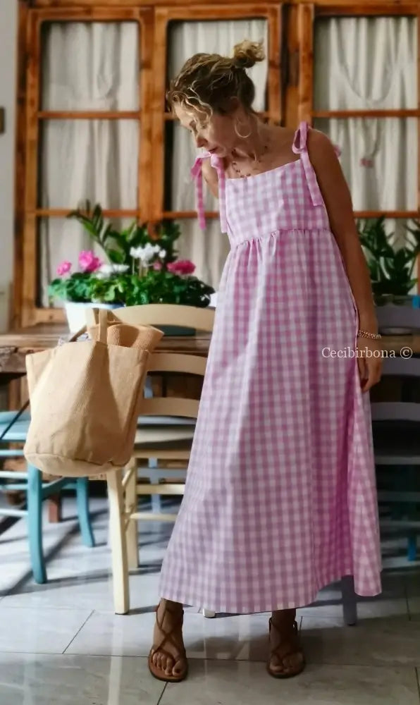 Abito prendisole in cotone a quadretti rosa (Ref. 190) abbigliamento