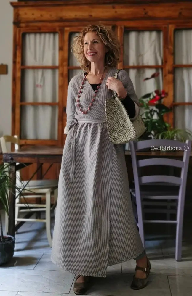 Abito spolverino in lino rigato celeste ed écru con Lurex (Ref. 503) abito donna