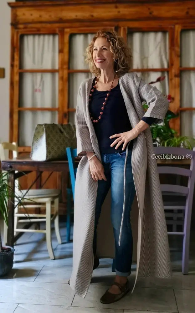 Abito spolverino in lino rigato celeste ed écru con Lurex (Ref. 503) abito donna