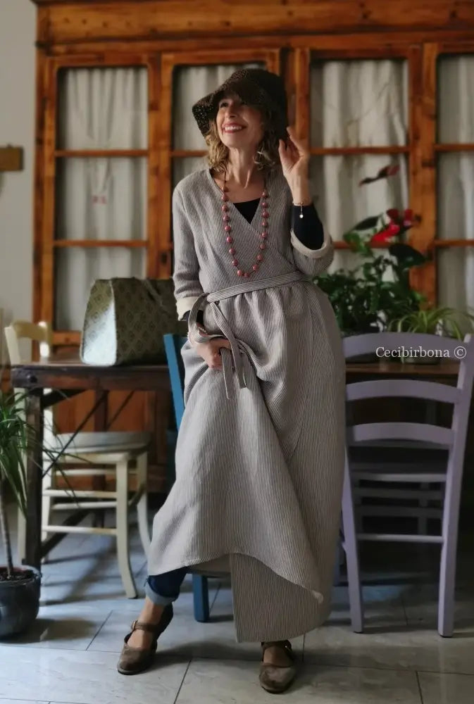 Abito spolverino in lino rigato celeste ed écru con Lurex (Ref. 503) abito donna