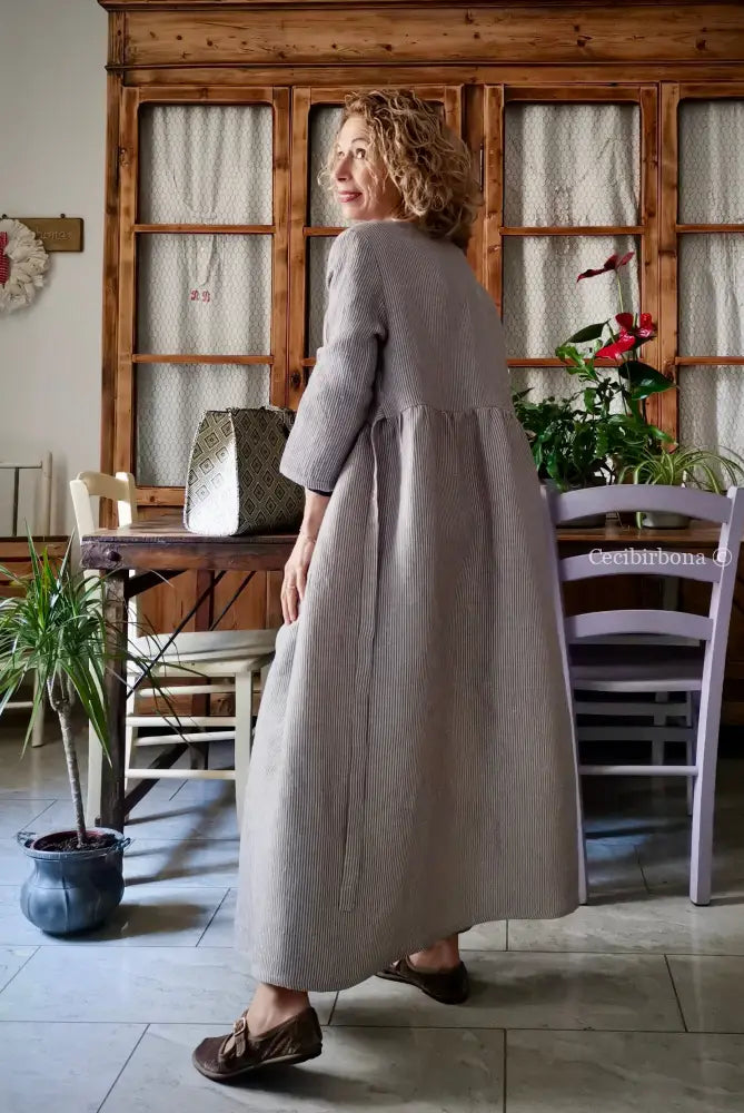 Abito spolverino in lino rigato celeste ed écru con Lurex (Ref. 503) abito donna