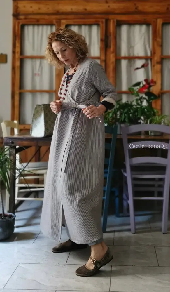 Abito spolverino in lino rigato celeste ed écru con Lurex (Ref. 503) abito donna