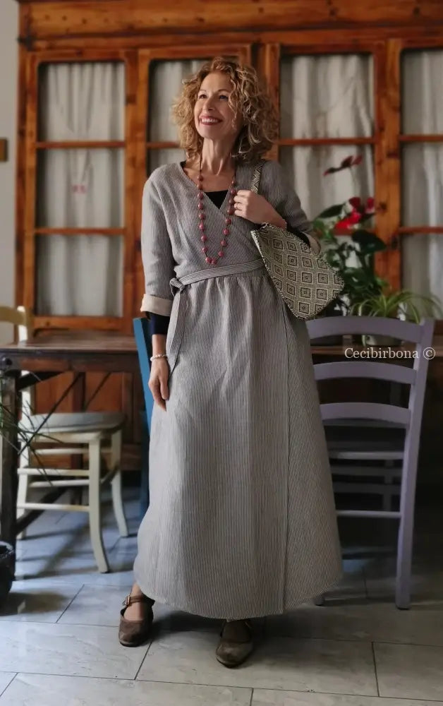 Abito spolverino in lino rigato celeste ed écru con Lurex (Ref. 503) abito donna