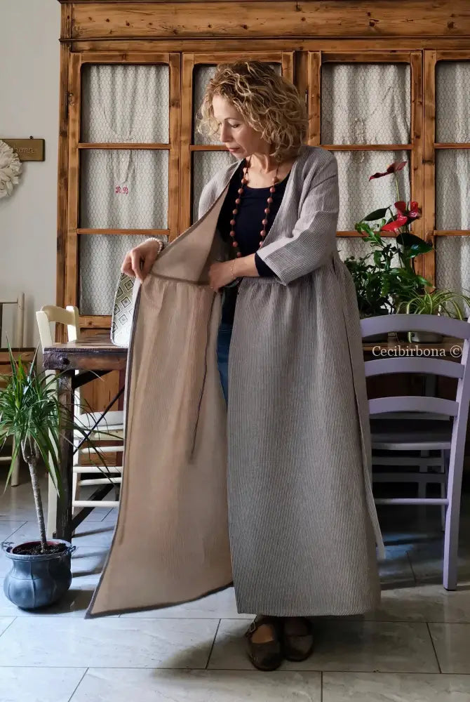 Abito spolverino in lino rigato celeste ed écru con Lurex (Ref. 503) abito donna