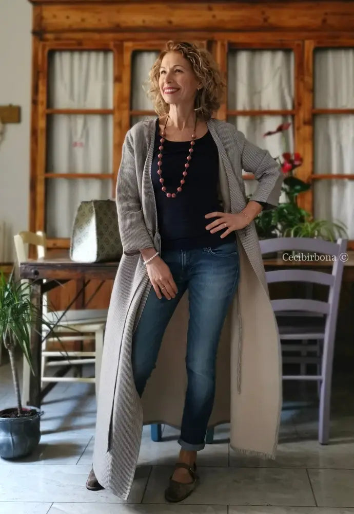 Abito spolverino in lino rigato celeste ed écru con Lurex (Ref. 503) abito donna