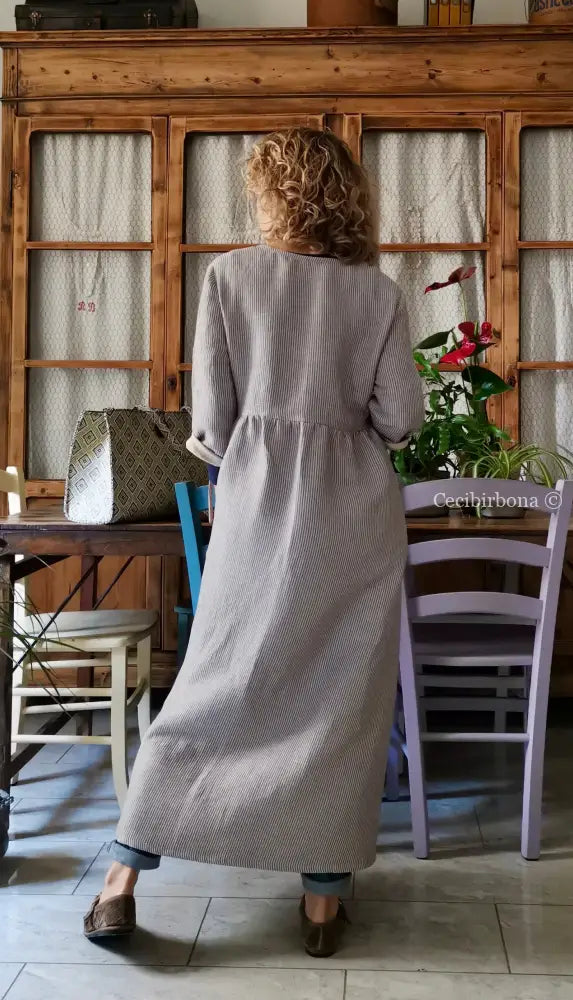 Abito spolverino in lino rigato celeste ed écru con Lurex (Ref. 503) abito donna